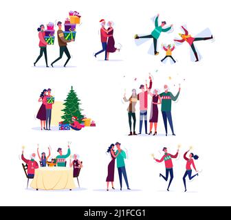 Insieme di famiglie che festeggiano il nuovo anno. Gruppo di bambini e genitori che si divertono insieme. Concetto di festa di Natale. Illustrazione vettoriale CAN Illustrazione Vettoriale