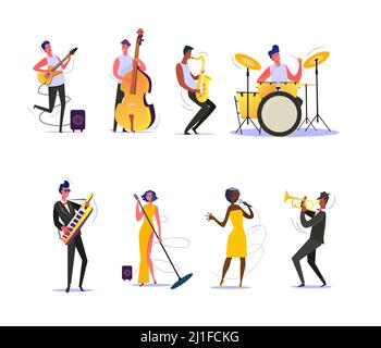 Insieme di musicisti che si esibiscono sulla scena. Gruppo di musicisti che cantano e suonano strumenti musicali. Concetto di prestazioni. È possibile utilizzare l'illustrazione vettoriale Illustrazione Vettoriale