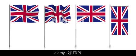 Set vettoriale di bandiere britanniche su un polo metallico, isolato su sfondo bianco. Illustrazione Vettoriale