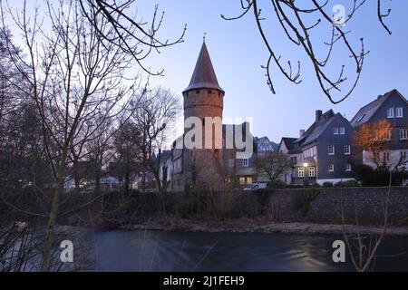 Veduta di Dillturm costruito nel 1620 con aneto a Herborn, Assia, Germania Foto Stock