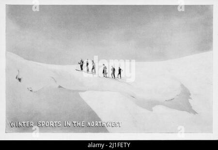 Sport invernali nel nord-ovest, sciatori nel nord-ovest del Pacifico, circa 1950s litografie cartolina. Fotografo sconosciuto Foto Stock