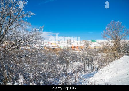 Panoramica in inverno. Somosierra, provincia di Madrid, Spagna. Foto Stock