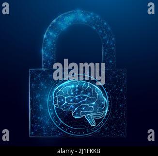Cervello umano nel lucchetto. Cyber Mind Concept con basso polybrain incandescente in blocco su sfondo blu scuro. Struttura a reticolo in poli bassi. Futuristico astratto Illustrazione Vettoriale