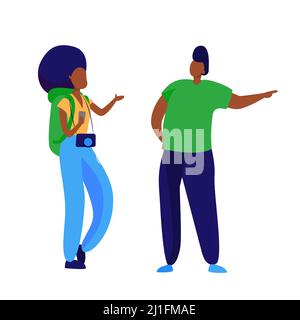 Coppia di turisti con macchina fotografica che parlano di destinazione. Posizione, app mobile, illustrazione vettoriale piatta. Viaggi, turismo, vacanza concetto per b Illustrazione Vettoriale