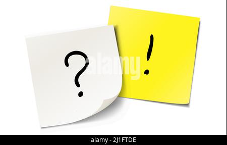 Due notepaper sovrapposti con punto interrogativo scritto a mano e punto esclamativo Illustrazione Vettoriale