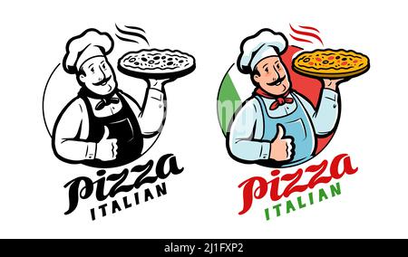 Emblema divertente chef con pizza su sfondo bandiera italiana. Illustrazione vettoriale del logo pizzeria Illustrazione Vettoriale