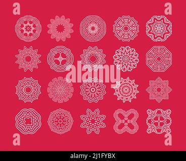 Fiocchi di neve su sfondo rosso. Raccolta di fiocchi di neve vettoriali. Illustrazione Vettoriale