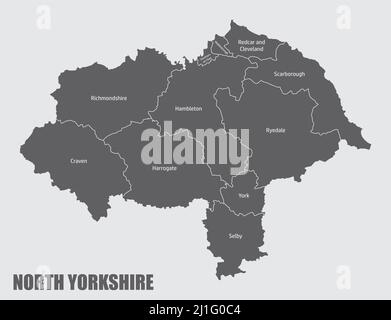 North Yorkshire County, mappa amministrativa con etichette, Inghilterra Illustrazione Vettoriale