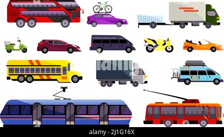 Set di vari veicoli terrestri. Automobili, trasporti pubblici, camion. Può essere utilizzato per argomenti quali trasporti, infrastrutture, trasporti Illustrazione Vettoriale