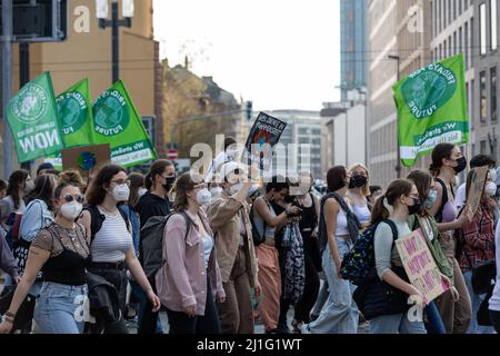 25 marzo 2022, Hessen, Francoforte sul meno: I partecipanti a un venerdì per la futura dimostrazione tengono i cartelli. L'organizzazione venerdì per il futuro ha chiesto proteste mondiali sul clima venerdì. Foto: Hannes P. Albert/dpa Foto Stock