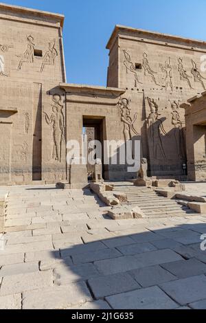 Gateway entrance of the first pylon of the Temple of Isis at Philae Stock Photo