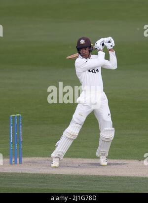 Hove, Regno Unito. 25th Mar 2022. Nico Reifer di Surrey batte durante la partita amichevole di 3 giorni tra Sussex e Surrey al Central County Ground 1st di Hove. 25th Marzo 2022 Credit: James Boardman/Alamy Live News Foto Stock