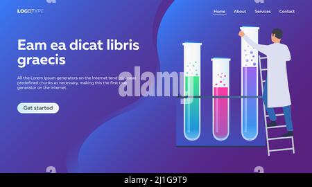 Lo scienziato sta esaminando le provette. Laboratorio scientifico, laboratorio clinico, esperimenti di illustrazione vettoriale piatta. Concetto di ricerca per banner, web design o. Illustrazione Vettoriale