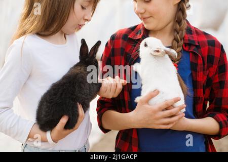 Due ragazze che tengono conigli nelle loro mani. Concetto di Pasqua Foto Stock