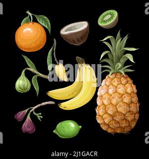 Modello senza giunture con Set di frutti tropicali come ananas, arancia, fico, banana ecc. Vector. Illustrazione Vettoriale