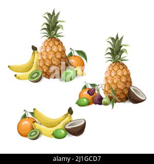 Modello senza giunture con Set di frutti tropicali come ananas, arancia, fico, banana ecc. Vector. Illustrazione Vettoriale