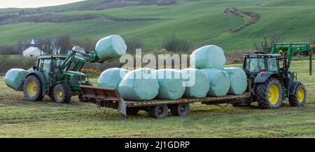 Trattore che carica balle di insilato sul rimorchio nella campagna irlandese Foto Stock