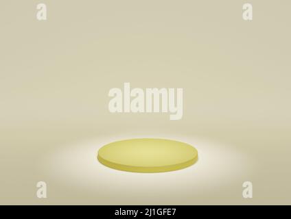 Supporto per display del prodotto o podium in composizione minima con Spotlight che illumina il prodotto. Luce. Sfondo giallo pastello con piattaforma cilindrica 3D Foto Stock