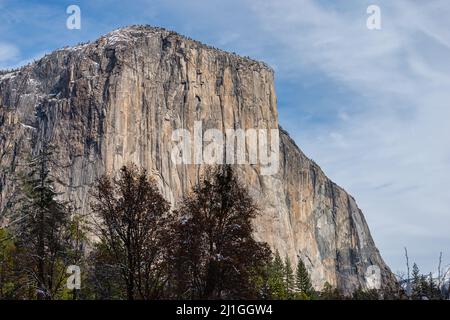 Vista di El Capitan con neve sulla cima, Parco Nazionale Yosemite Foto Stock