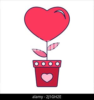 Retro San Valentino icona un fiore di cuore in una pentola. Simbolo d'amore nello stile d'arte alla moda pop line. La pianta in vaso carina in rosa molle, rosso e. Illustrazione Vettoriale