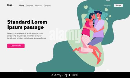 Felice coppia innamorata. Giovane uomo e donna mentendo e abbracciando piatto vettore illustrazione. Relazione, romanticismo, tempo libero concetto per banner, sito web Illustrazione Vettoriale