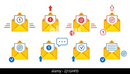 Avviso nuovo messaggio e-mail, lettera busta posta aperta, icona notifica in arrivo non letta impostata. Posta elettronica, documento newsletter, indirizzo e-mail. Vettore Illustrazione Vettoriale