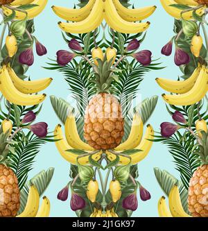 Modello senza cuciture con ananas, banane, fichi e foglie tropicali. Vettore. Illustrazione Vettoriale