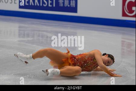 Sud de France Arena, Montpellier, Francia. 25th Mar 2022. Wakaba Higuchi dal Giappone durante la finale delle donne, Campionato Mondiale di pattinaggio a figure alla Sud de France Arena, Montpellier, Francia. Kim Price/CSM/Alamy Live News Foto Stock