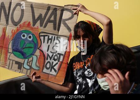 New Delhi, India. 25th Mar 2022. Una ragazza tiene un cartello mentre prende parte a una marcia del ''venerdì per il futuro'' che chiede misure urgenti per combattere il cambiamento climatico. Credit: ZUMA Press, Inc./Alamy Live News Foto Stock