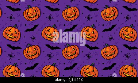 Cric zucche, pipistrelli e ragni. Motivo senza cuciture, concetto di Halloween. Sfondo decorativo, motivo avvolgente, sfondo dai colori vivaci. Illustrazione Vettoriale