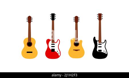 Set di diverse chitarre - acustiche, elettriche, basso. Rappresentazione semplificata di strumenti musicali a corda. Gruppo di icone in stile moderno e piatto. Illustrazione Vettoriale