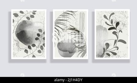 Set trendy di foglie astratte minimaliste e forme astratte. Parete botanica minimale art. Mid Century grafica moderna. Progettazione di opere d'arte per i social media Illustrazione Vettoriale