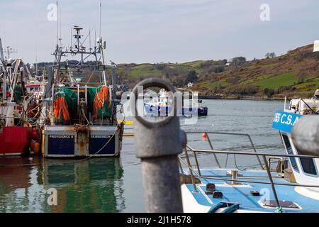 Vista attraverso il buco della rete da traino che entra nel porto Foto Stock