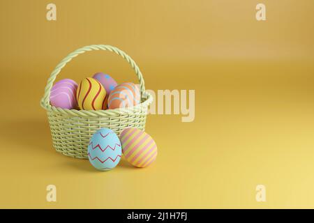 Uova di Pasqua in un cestino con spazio copia . 3d illustrazione. Foto Stock