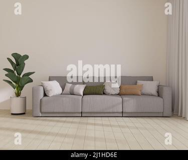 Camera elegante di colore chiaro con divano. Design degli interni scandinavo. 3D rendering Foto Stock