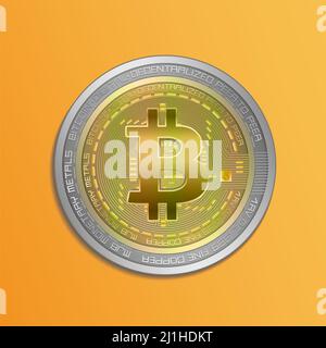 Moneta Bitcoin argento oro, sfondo arancione raster Foto Stock