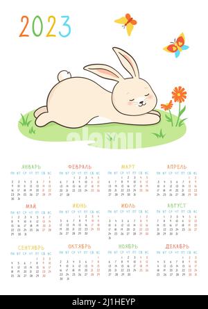 Calendario 2023 in russo con coniglio, organizzatore 12 mesi. Bunny si addormenta, farfalle cartoon poster. Personaggio bambino mascotte simbolo anno nuovo. Soffice mascherina per le vacanze con lepre per animali domestici pronta per la stampa Illustrazione Vettoriale