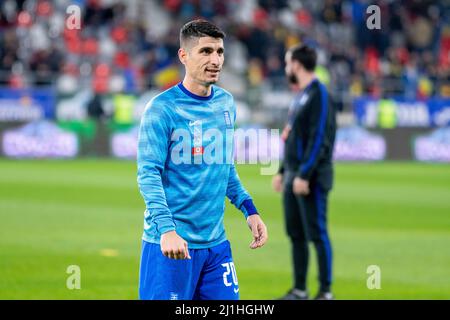 Bucarest, Romania. 25th Mar 2022. Petros Mantalos #20 della Grecia durante l'amichevole partita tra le squadre nazionali della Romania e della Grecia allo Stadio 'Staaua' di Bucarest, Romania. 25.03.2022. Foto: Copyright 2020, Credit: Cronos/Alamy Live News Foto Stock