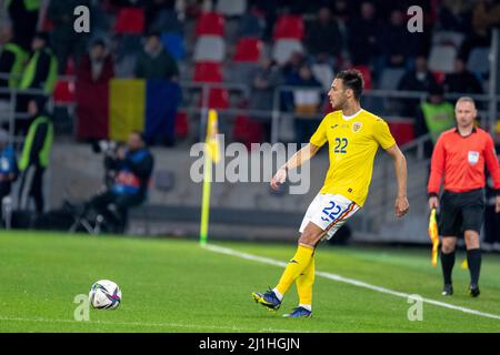Mario Camora #22 della Romania durante la amichevole partita tra le squadre nazionali della Romania e della Grecia allo Stadio 'Steauaa' di Bucarest, Romania. 25.03.2022. Foto: Copyright 2020, Cronos. Tutti i diritti riservati Foto Stock