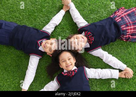 Gli allievi che giacciono sull'erba Foto Stock