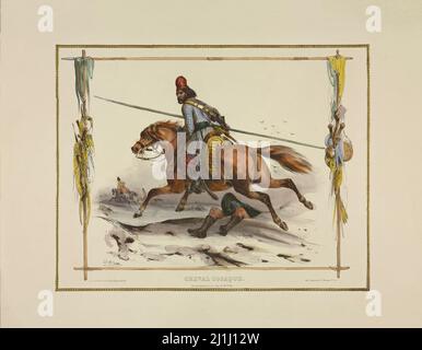 Litografia di cavalli e cavalieri: Don cossack a cavallo con un luccio e una sciabola. Di Jean Victor Adam (litografo, 1801 – 1866). Francia. 183 Foto Stock