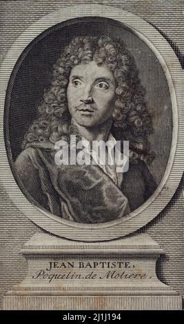 Ritratto d'incisione di Jean Baptiste Poquelin de Moliere, 1660 Jean-Baptiste Poquelin (1622 – 1673), noto con il suo nome di scena Molière, è stato un comico francese Foto Stock