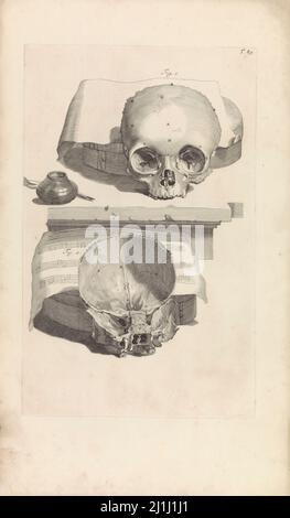 Incisione di uno studio anatomico di un'ombra. Vita morta con un cranio umano. Da Pieter van Gunst, dopo Gerard de Lairesse, 1685 Foto Stock