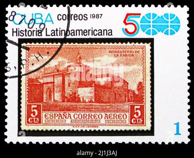 MOSCA, RUSSIA - 12 MARZO 2022: Francobollo stampato a Cuba mostra la Spagna #C31, serie di storia latino-americana, circa 1987 Foto Stock