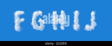 set di lettere bianche fatte di nuvole su sfondo blu, 3d alfabeto, illustrazione, fghij Foto Stock