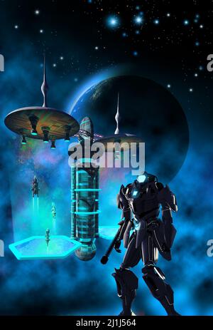 navicella spaziale, stazione spaziale e robot nello spazio, orbitante intorno ad un sistema planetario alieno, illustrazione 3d Foto Stock