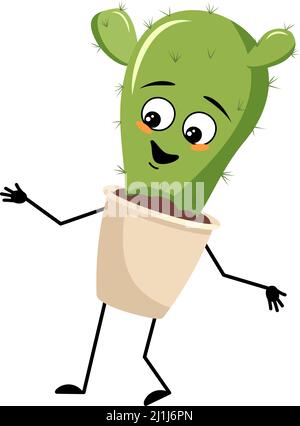 Carino personaggio cactus in pentola con allegra emozione, faccia gioiosa, occhi sorridenti, braccia e gambe. Houseplant con espressione divertente. Illustrazione piatta vettoriale Illustrazione Vettoriale