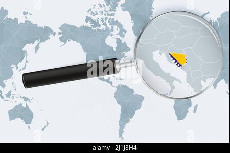 Mappa ingrandita della Bosnia-Erzegovina sulla mappa mondiale centrata sull'America. Mappa ingrandita e bandiera della Bosnia-Erzegovina. Modello vettoriale. Illustrazione Vettoriale