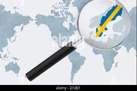 Mappa ingrandita della Svezia sulla mappa mondiale centrata sull'America. Mappa ingrandita e bandiera della Svezia. Modello vettoriale. Illustrazione Vettoriale