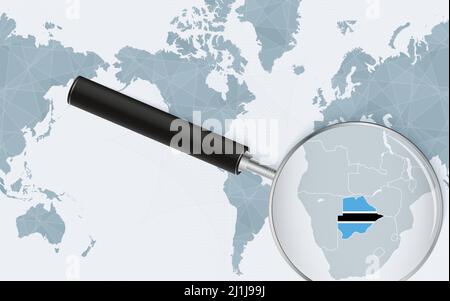 Mappa ingrandita del Botswana sulla mappa mondiale centrata sull'America. Mappa ingrandita e bandiera del Botswana. Modello vettoriale. Illustrazione Vettoriale